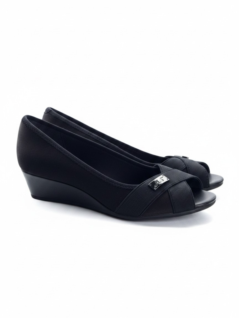 Anne Klein Black Open-Toe Wedge Pumps with Crossover Straps Black Size 7 - Picture 2 of 6